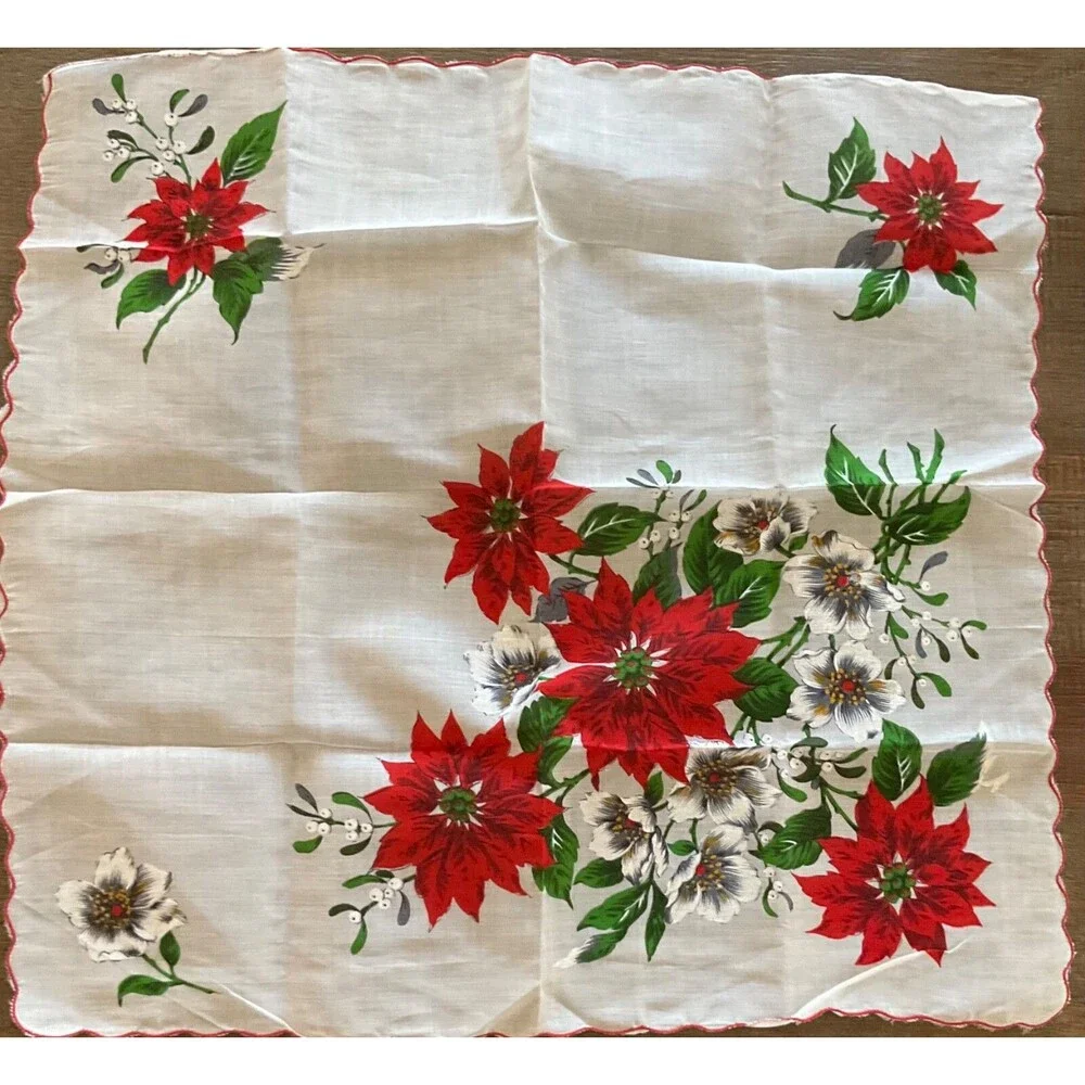 Christmas Poinsettia Holly Berry Linen Handkerchief 15.75